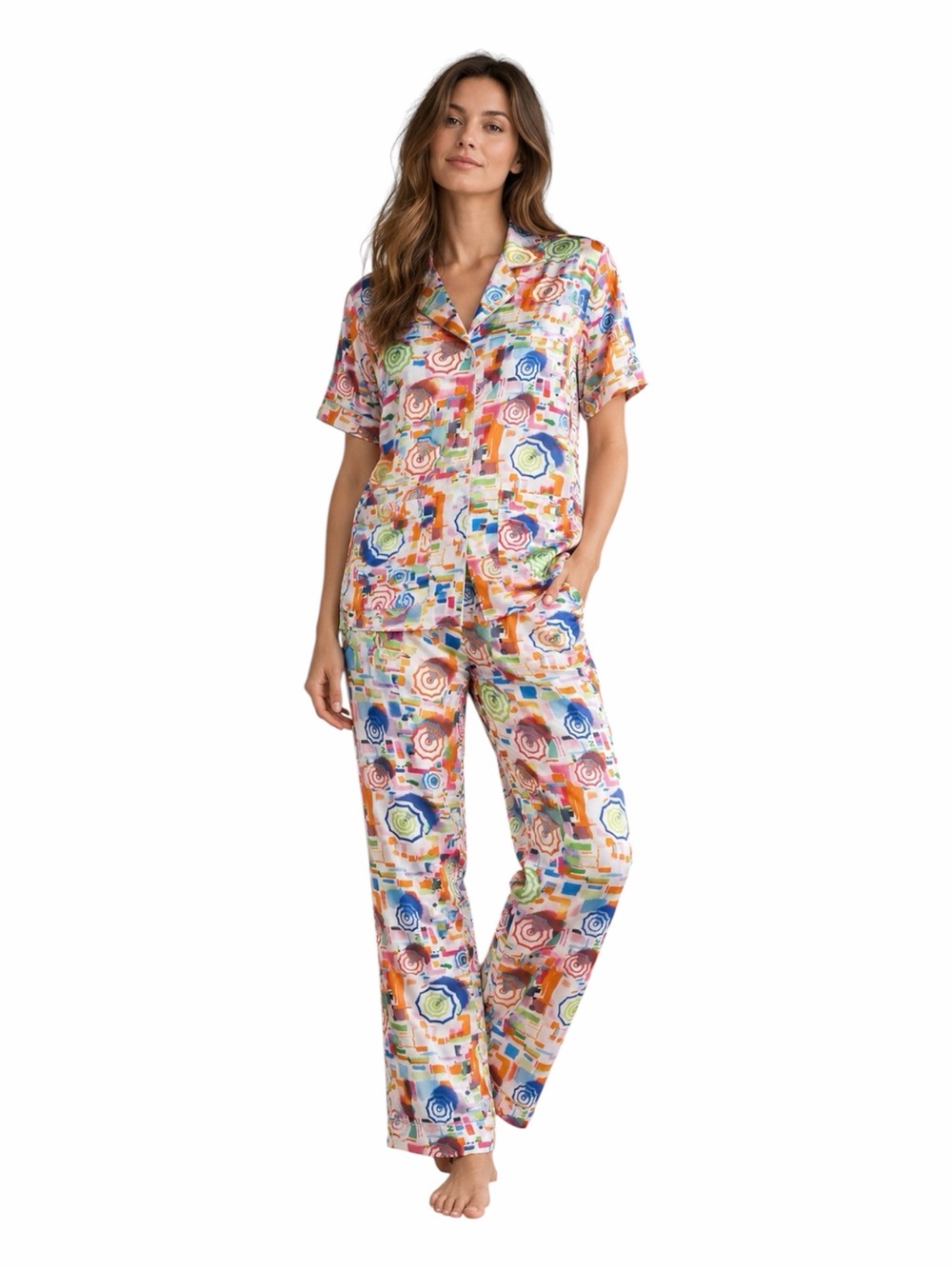 Jin Fu Chun Mulberry Silk Pajama Lounge 2 Pc Set Multicolor XL Short Sleeves NWT